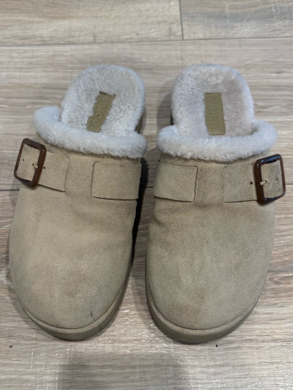 Vince Beige Suede Shearling-Lined Slip-On Clogs